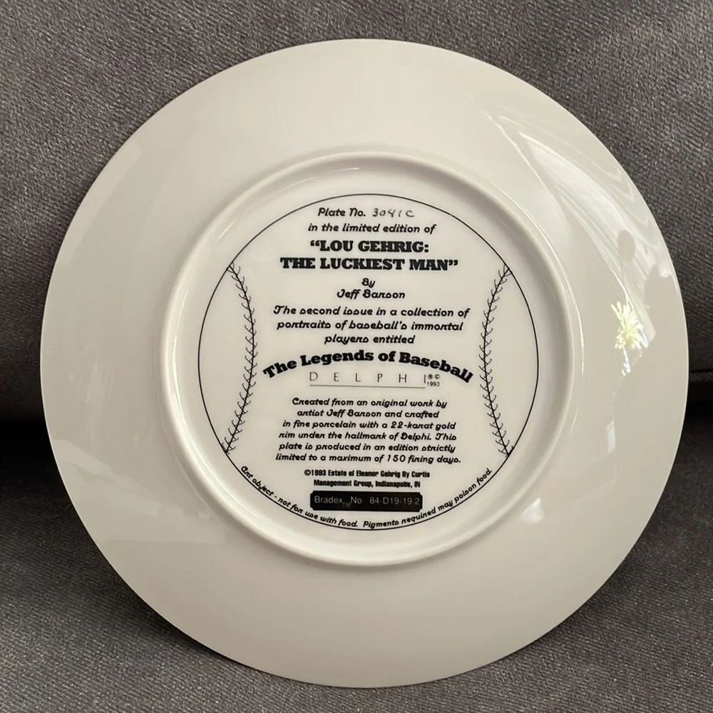 NWT. Vintage Lou Gehrig “The Luckiest Man”. Collectible baseball plate. - Picture 2 of 6